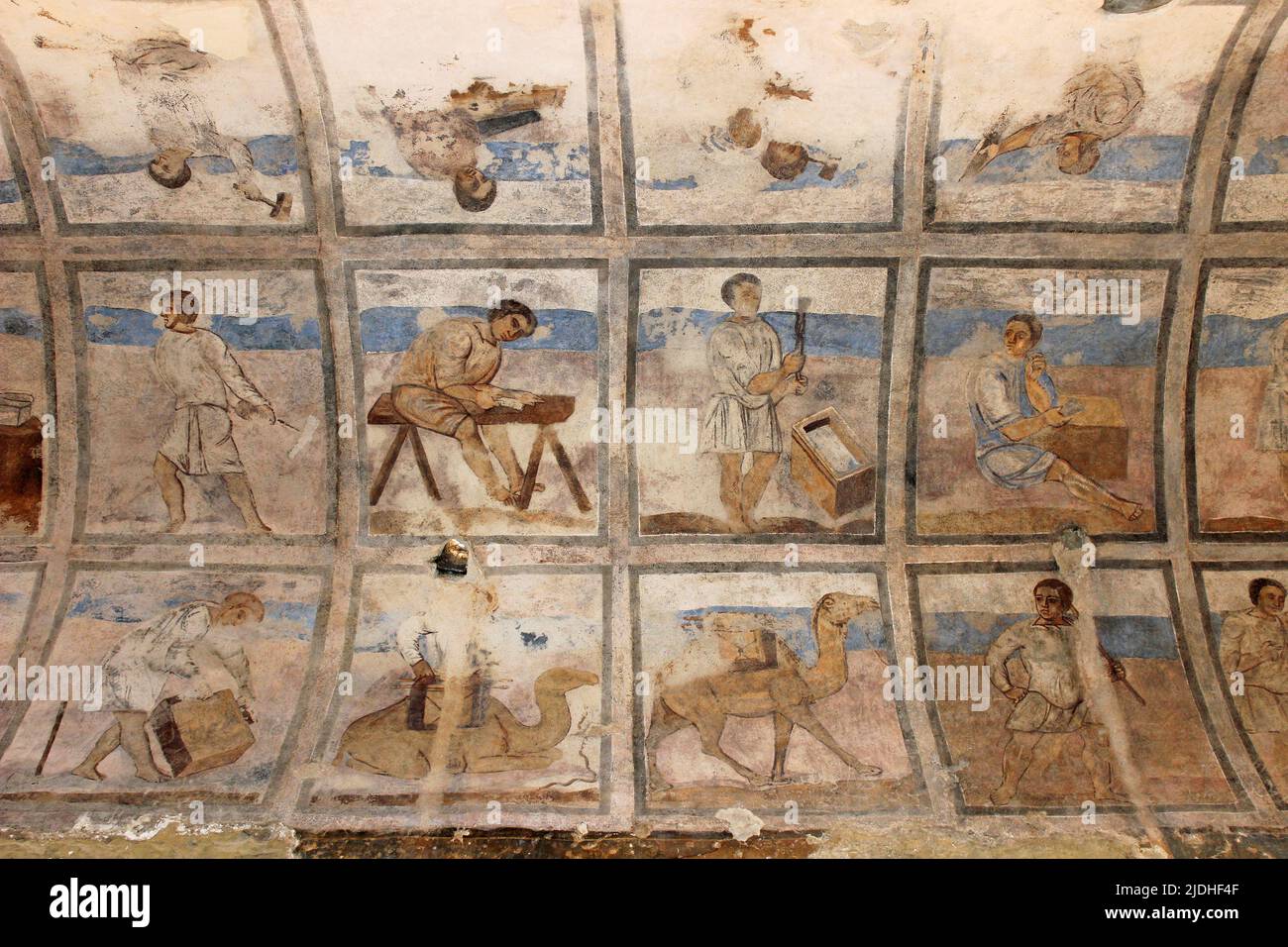 Fresco Panels Depicting Trades Involved In Construction Work, Vault Of The Eastern Aisle, Audience Hall, Qusayr Amra Stock Photo