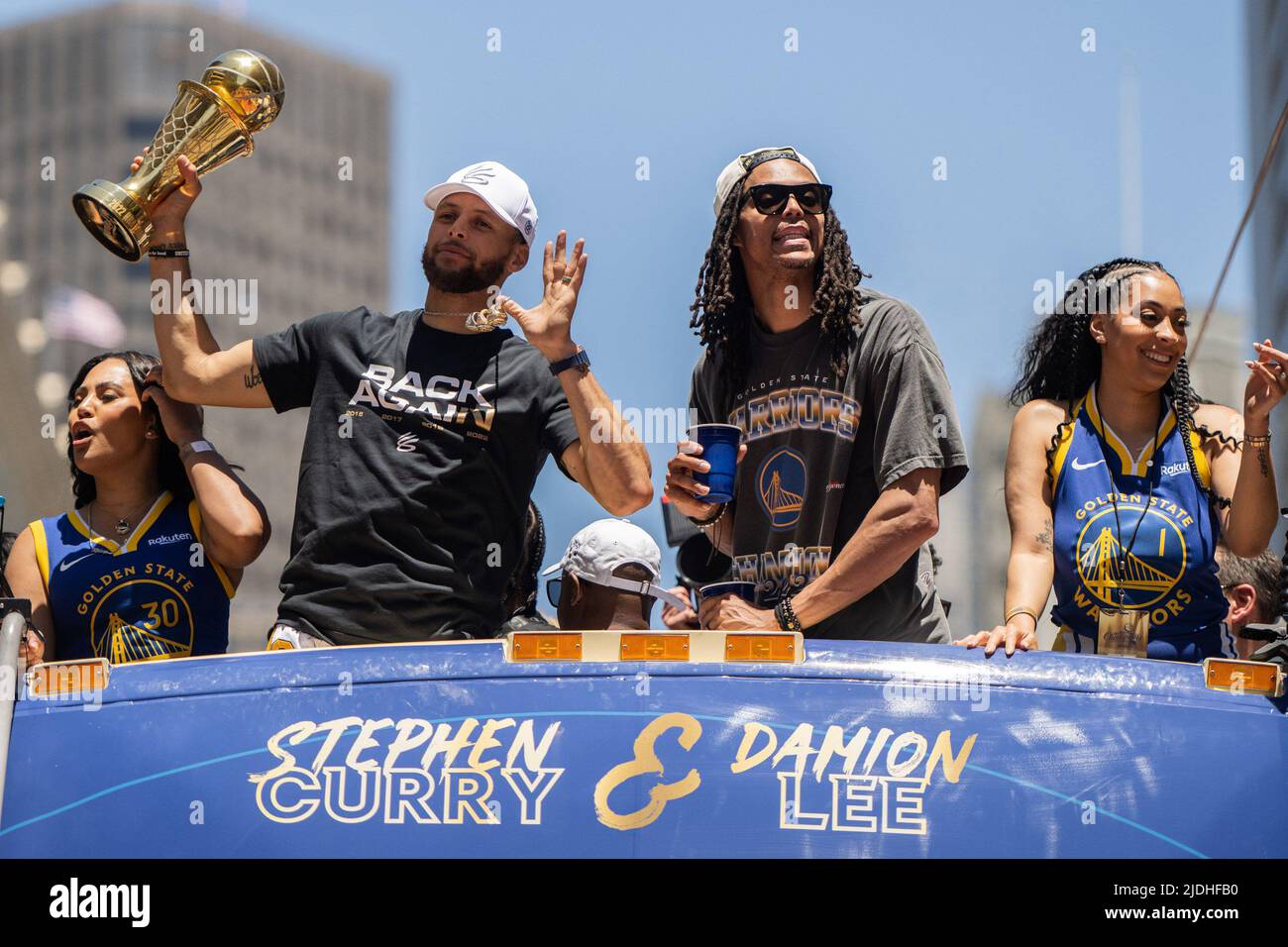 San Francisco, California, June 20, 2022. Ayesha Curry, Steph Curry, Damion  Lee and Sydel Curry celebrate on a float during the Golden State Warriors  Championship Parade in San Francisco, California on June