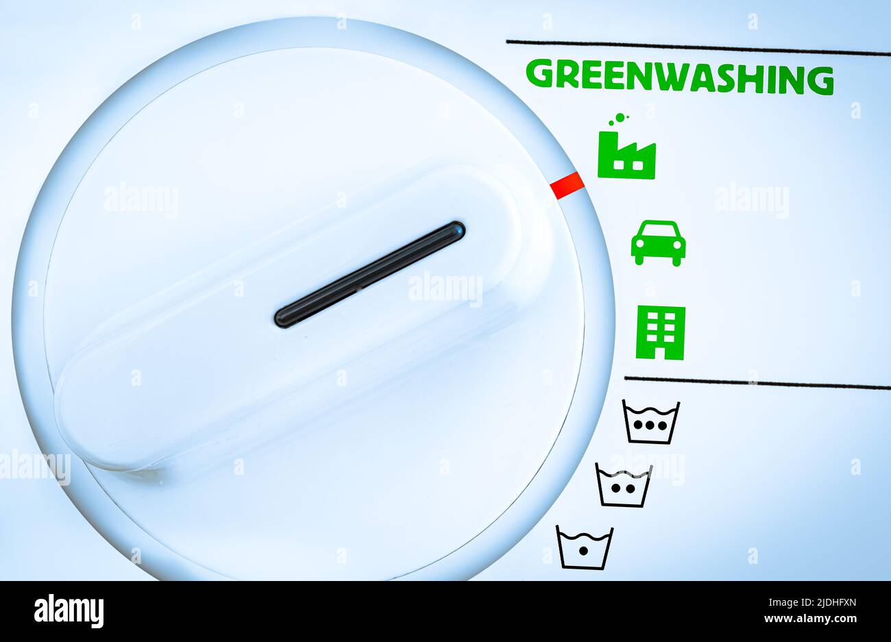 Close-up View of Washing Machine Control Panel with Symbols Showing Different Industries that can be Greenwashed Stock Photo