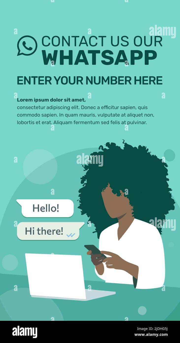 Whatsapp banner template. Contact us on our whats app number. Technological afro girl. Illustration of a black woman with a phone and laptop Stock Vector