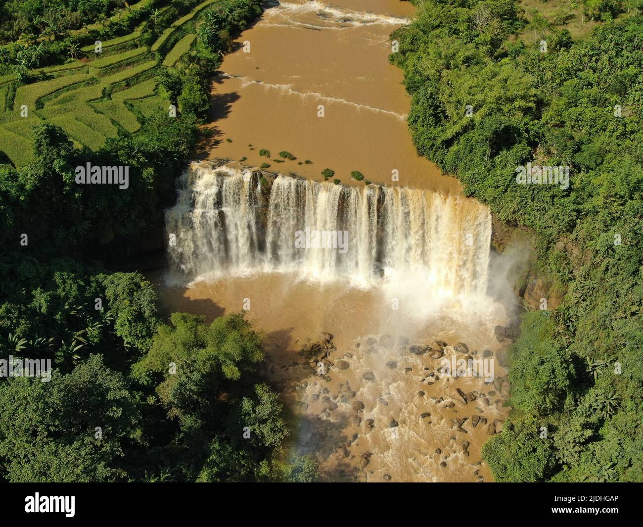 Aerial view of Awang waterfall at Ciletuh Palabuhanratu Unesco Global Geopark, Sukabumi, West Java, Indonesia Stock Photo