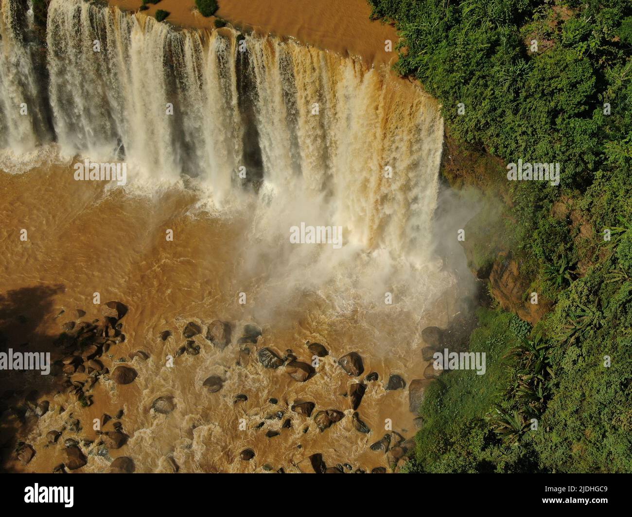 Aerial view of Awang waterfall at Ciletuh Palabuhanratu Unesco Global Geopark, Sukabumi, West Java, Indonesia Stock Photo