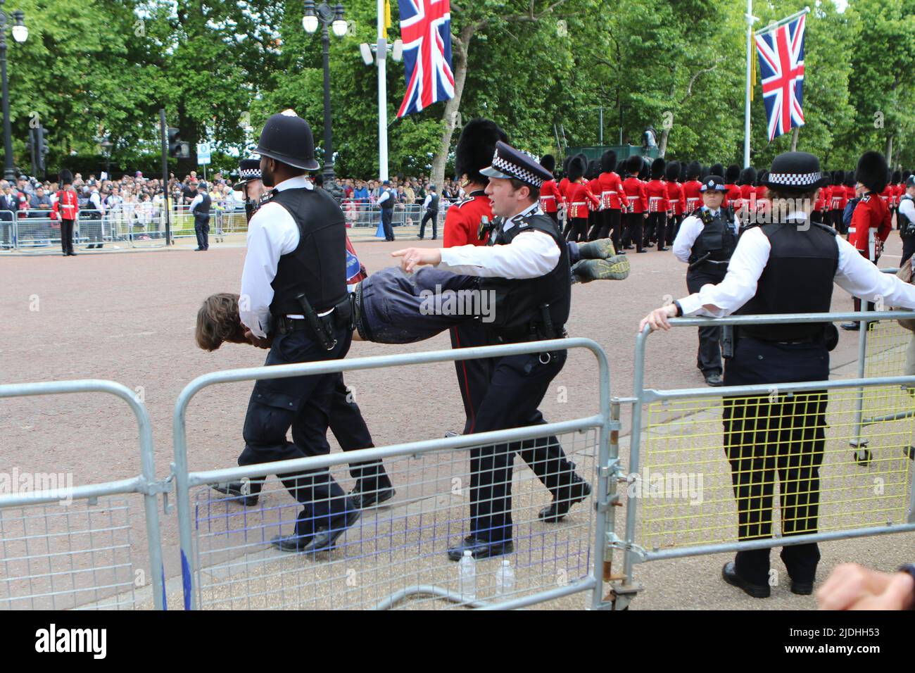 Animal Rebellion Protestors are Escorted off the Mall by Police Officers after their attempted protest at the Diamond Jubilee Trooping the Colour Parade Stock Photo