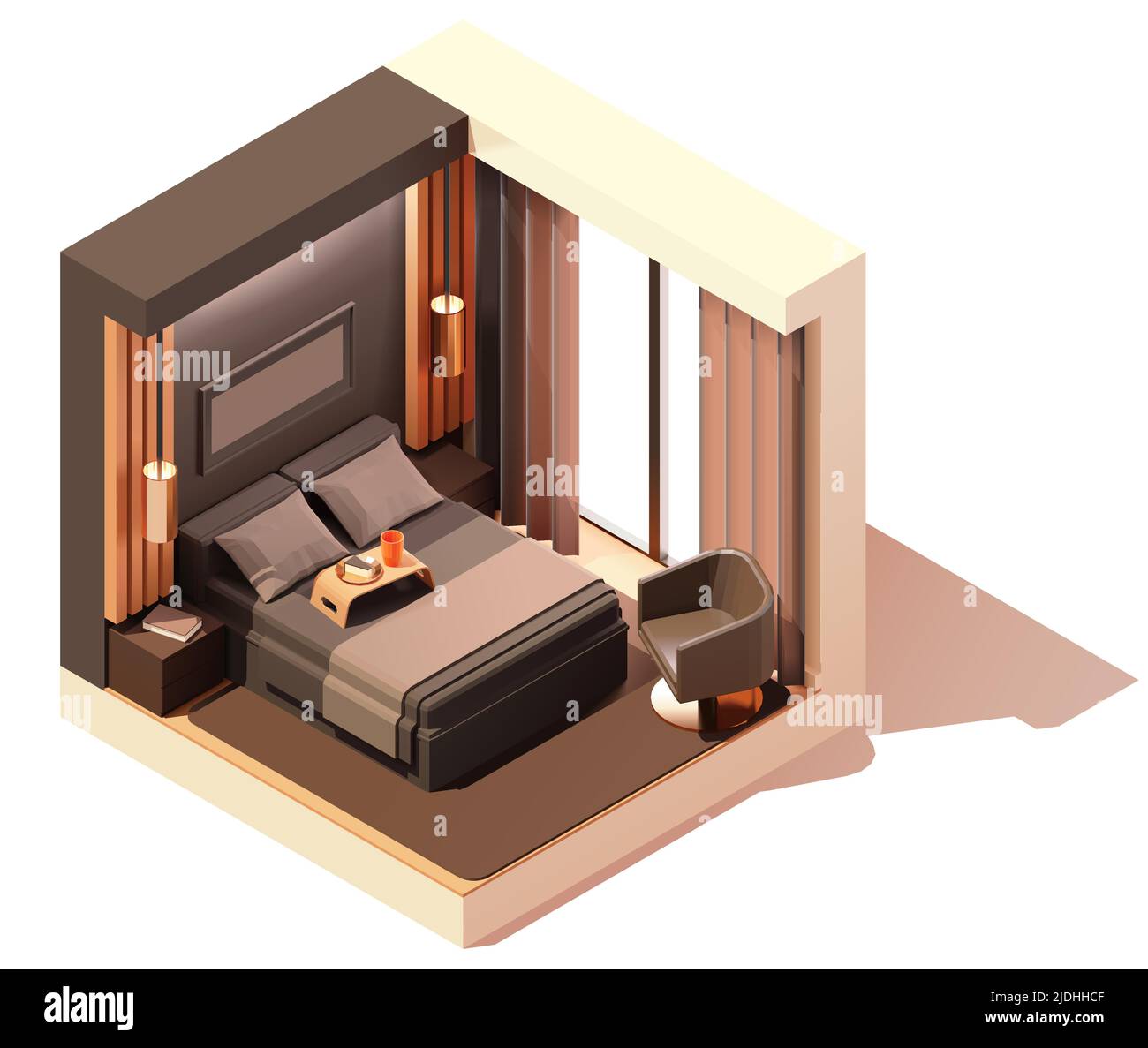 Vector isometric modern bedroom interior. Double bed, dark walls, leather chair and night lamps. Low poly cross-section illustration. Cutaway drawing Stock Vector