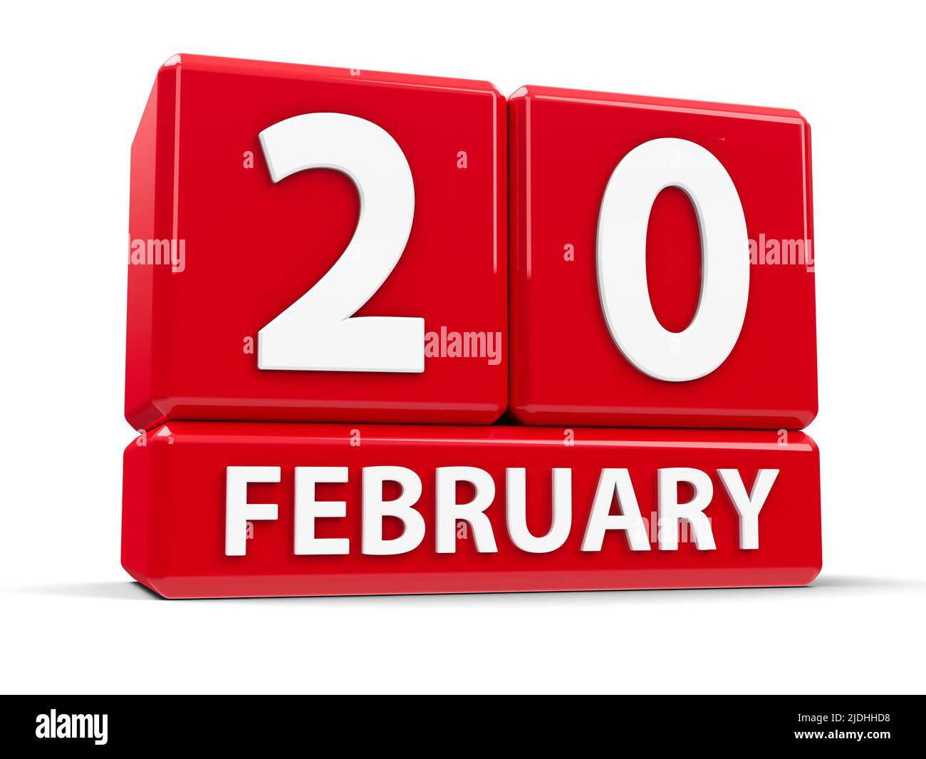 Red cubes - The Twentieth of February - on a white table - World Day of Social Justice, three-dimensional rendering, 3D illustration Stock Photo