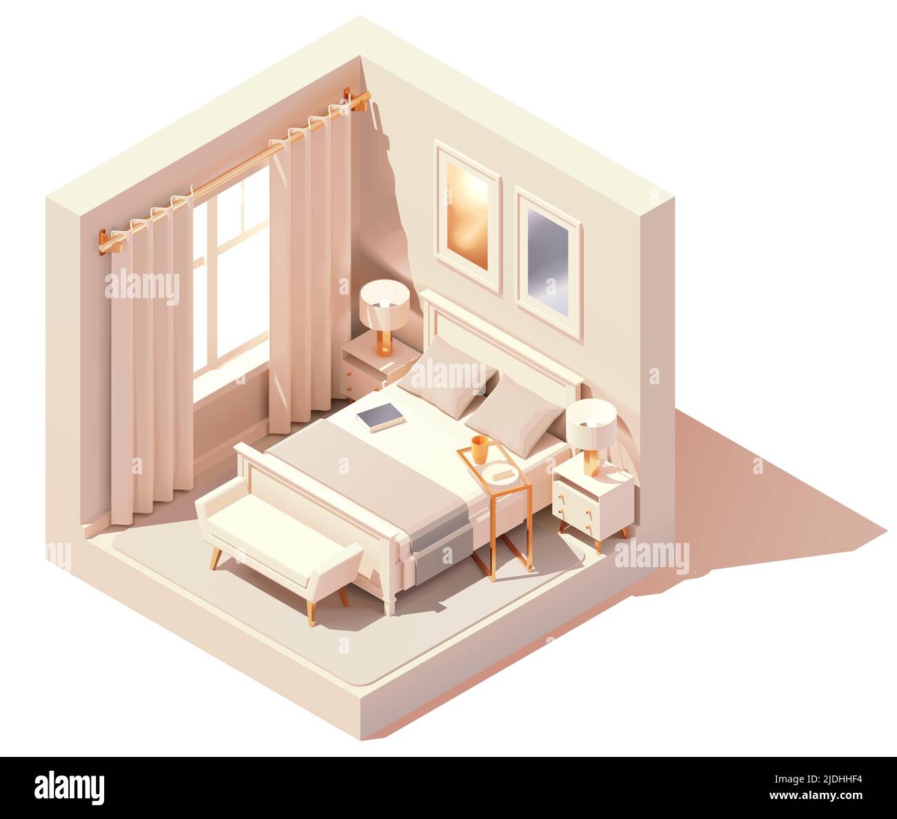 Vector isometric modern bedroom interior. Double bed, white walls, bedroom bench and night lamps. Low poly cross-section illustration. Cutaway drawing Stock Vector