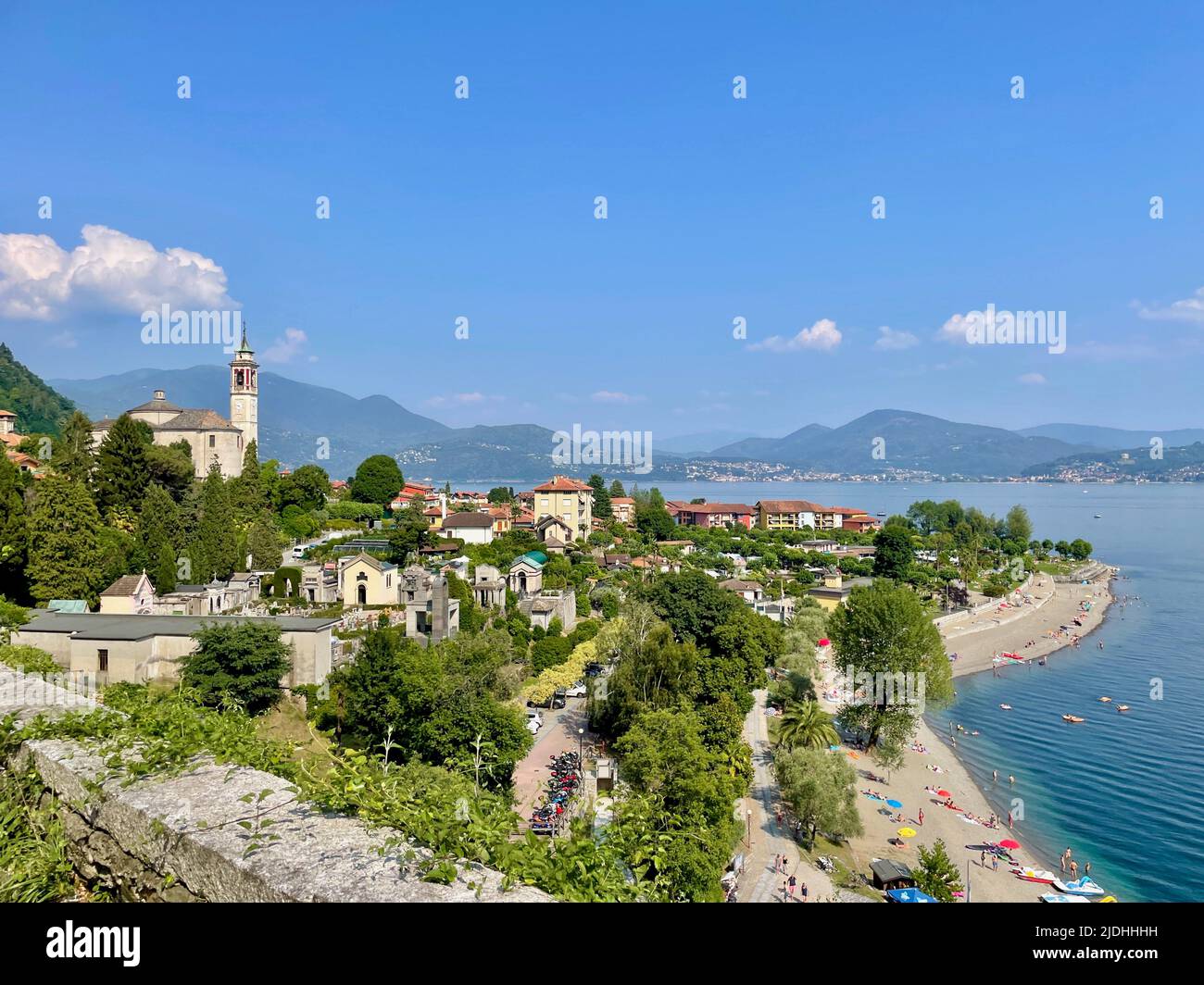 Panoramic view of idyllic lakeside town Cannero Riviera. Lago Magiore, Upper Italian lakes, Piedmont, Italy. Stock Photo