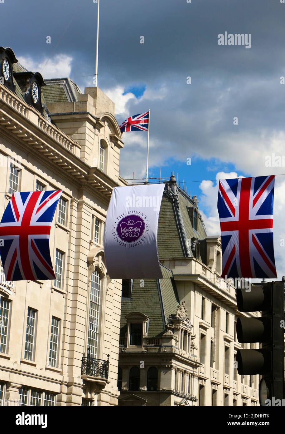 View along Whitehall from Piccadilly Circus with Union Jacks for the