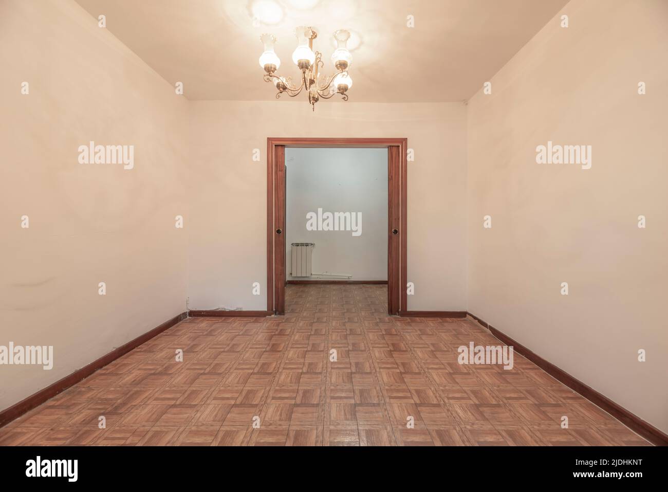 Empty living room with dark sliding wooden doors and imitation wood sintasol floor Stock Photo