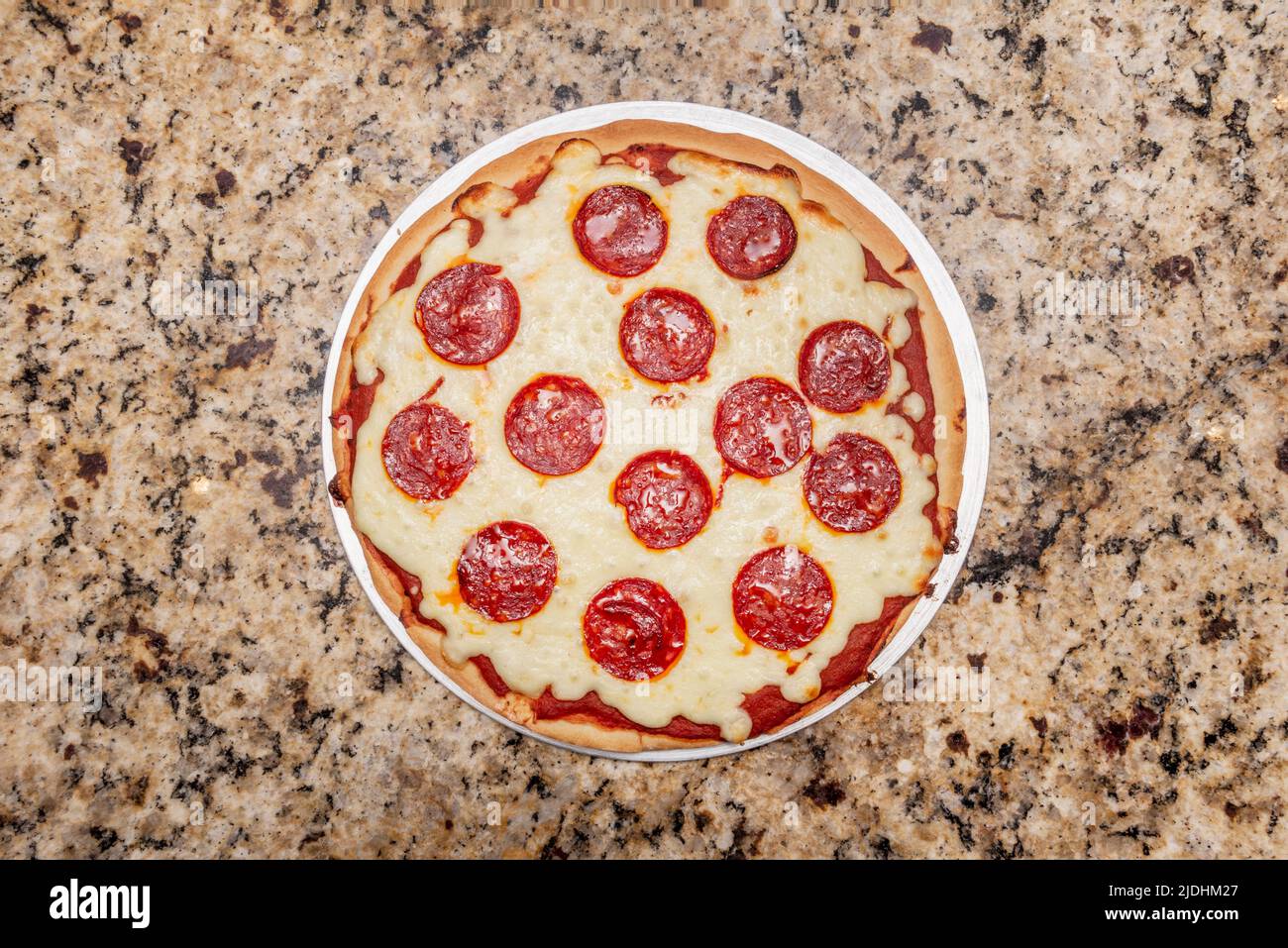 Pepperoni pizza top view image on marble table Stock Photo Alamy