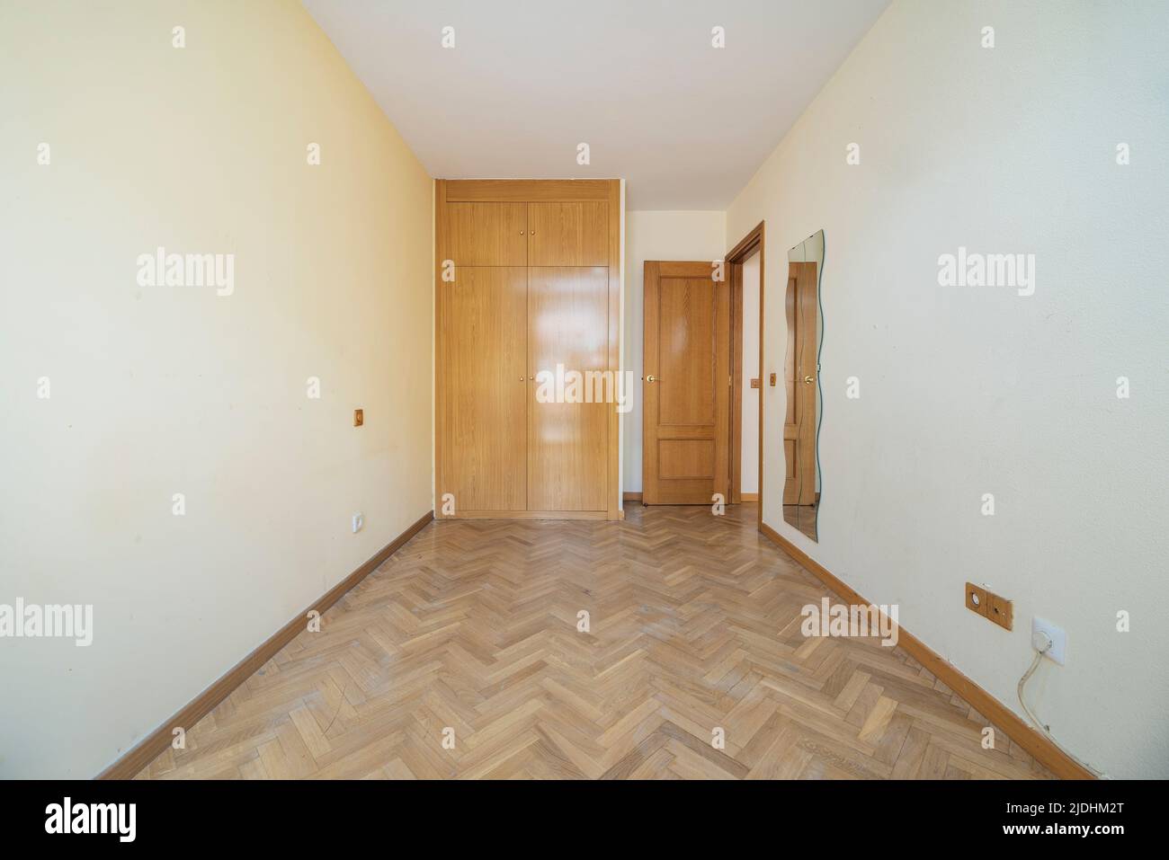 Empty room with herringbone oak parquet flooring, light yellow painted walls and matching oak wood door with two door built-in wardrobe Stock Photo