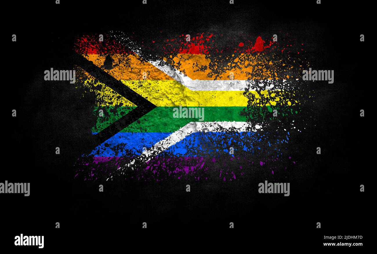 brush painted flag of Gay pride Flag of South Africa isolated on black ...