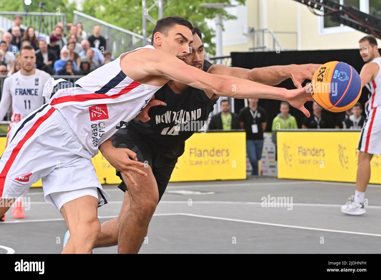 France Leopold Cavalière and New Zealand's Tai Wynyard pictured in action  during a 3x3 basketball game between France and New Zealand, in the Men's  Qualifier stage, at the FIBA 2022 world cup,