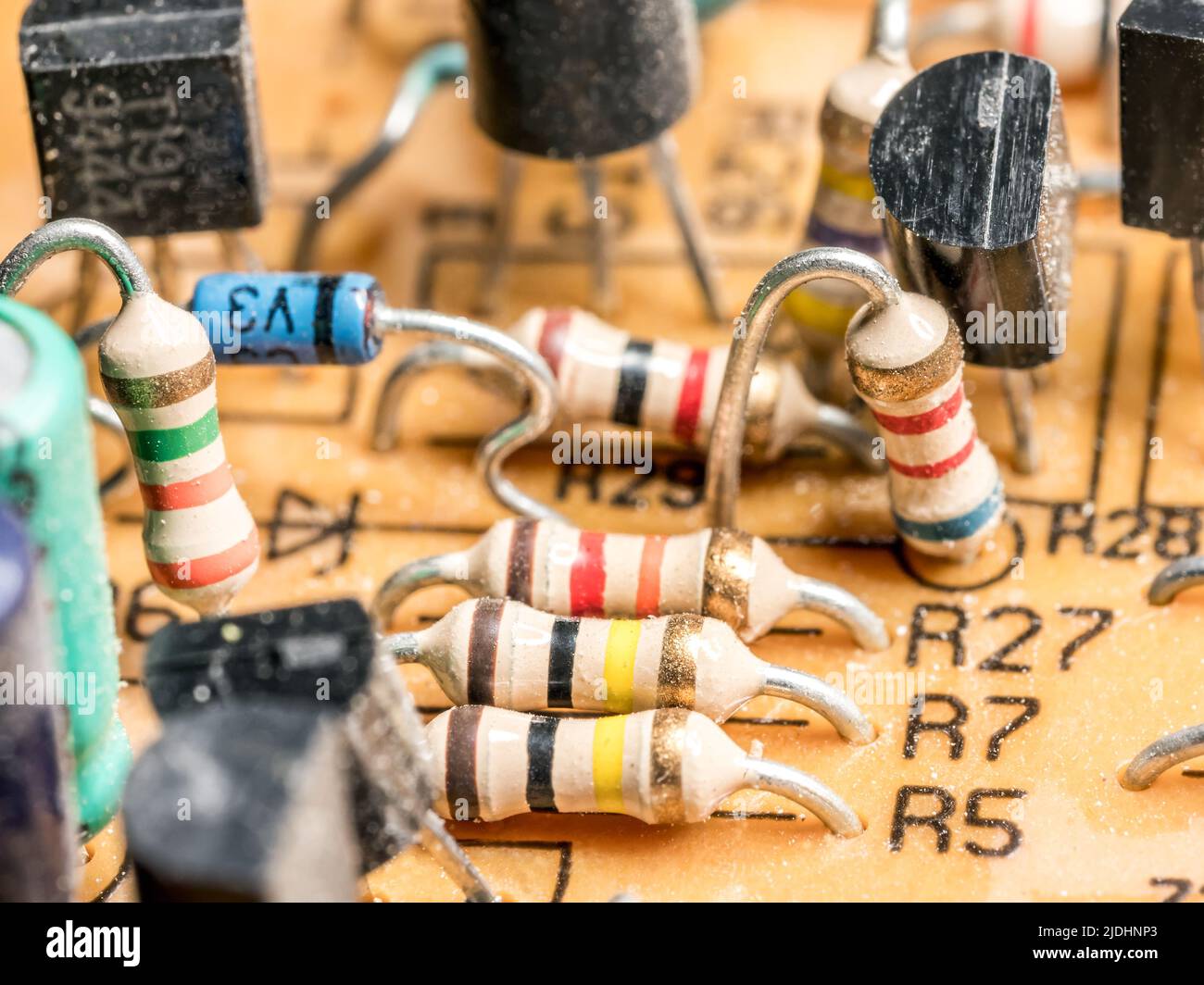 Closeup of electronic componets embedded into PCB board Stock Photo