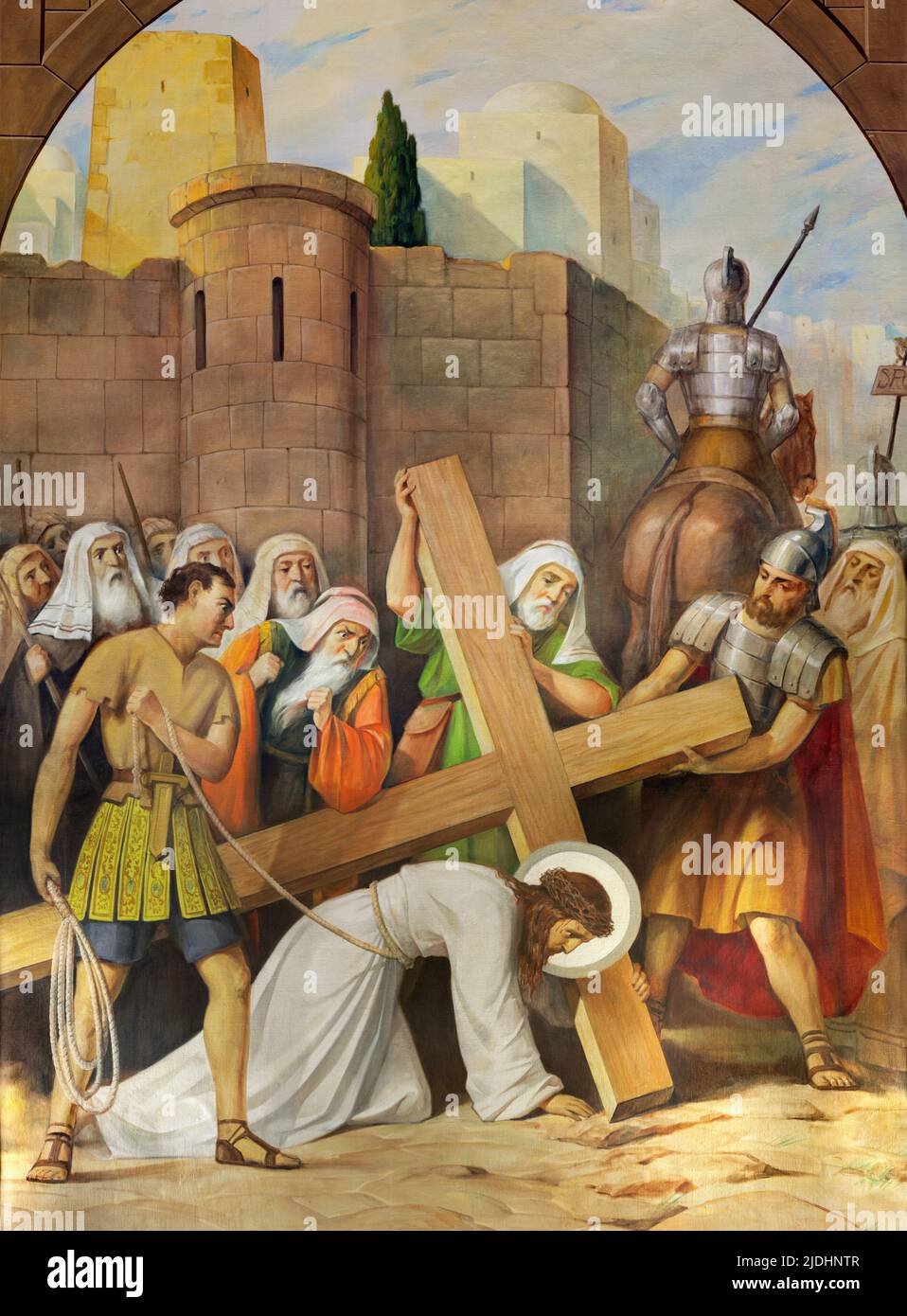 VALENCIA, SPAIN - FEBRUAR 17, 2022: The painting Jesus fall under the cross as part of Cross way  of church Iglesia de Buen Pastor by Bellver Delmáy Stock Photo