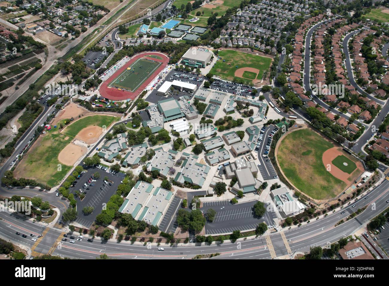 A general overall aerial view of the Moorpark High School campus and