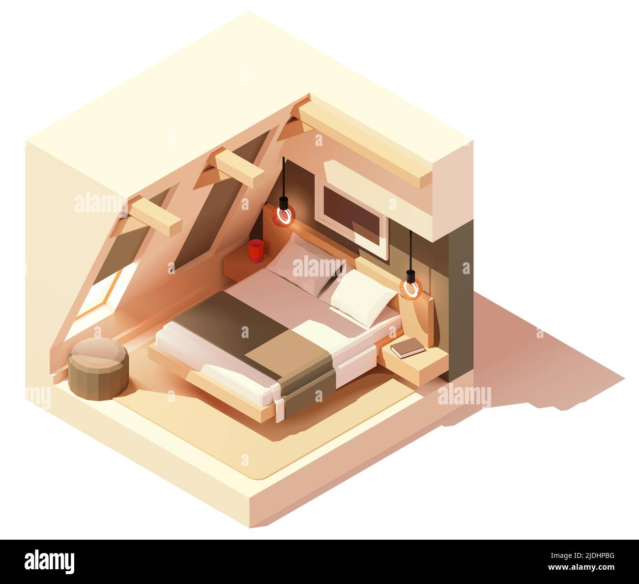 Vector isometric modern attic bedroom interior. Room with sloped ceiling. Double bed, chair and night lamps. Low poly cross-section illustration Stock Vector