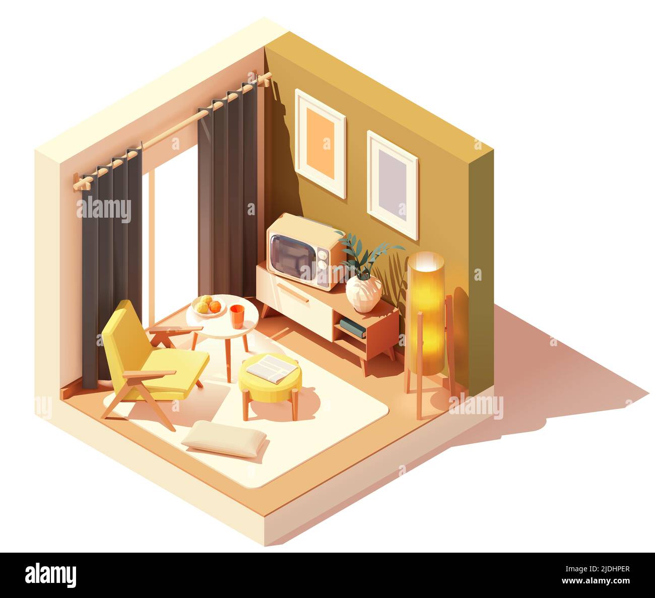 Vector isometric vintage living room interior. 60s or 70s room interior ...
