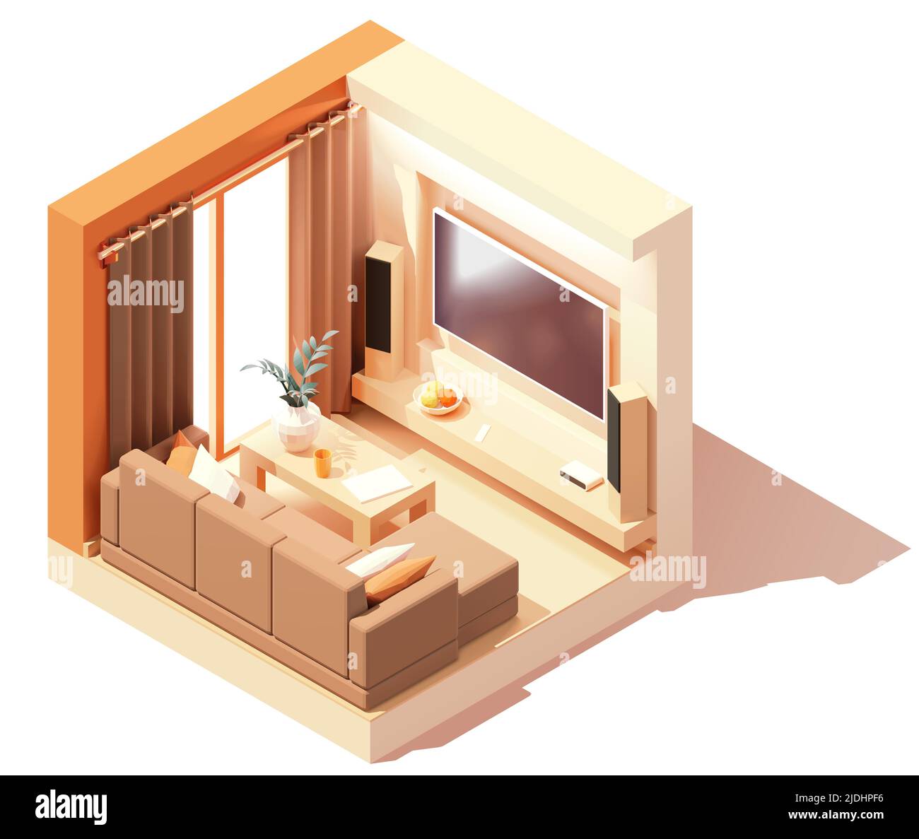 Vector isometric modern living room interior. Couch with pillows, tv, tv cabinet with big speakers. Low poly cross-section illustration Stock Vector