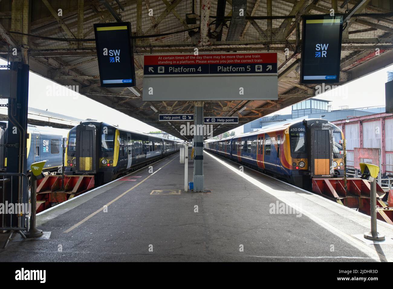 Trains parked on the platforms of Portsmouth Harbour train station due