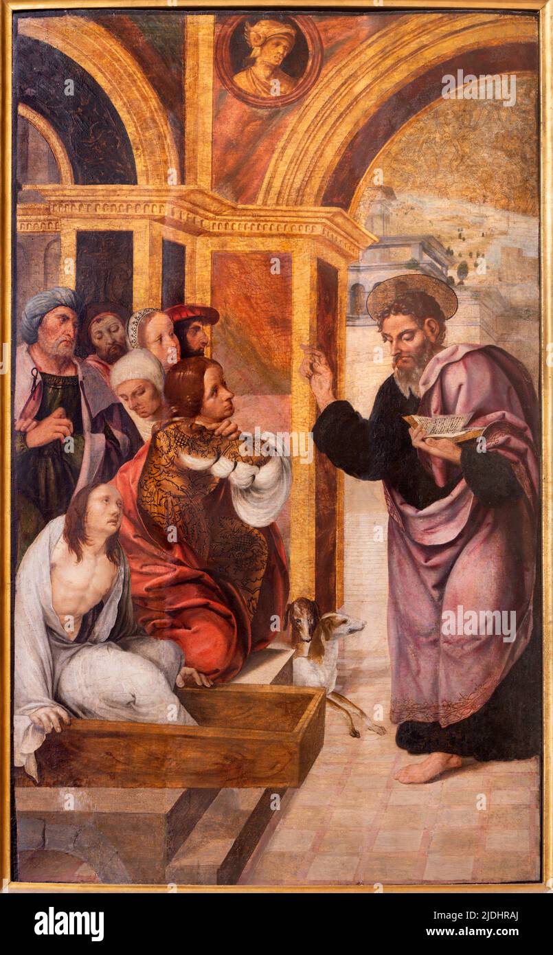VALENCIA, SPAIN - FEBRUAR 14, 2022: The painting of Miracles of St. Andrew the Apostle in the side chapel of Cathedral by Juan de Borgona Stock Photo