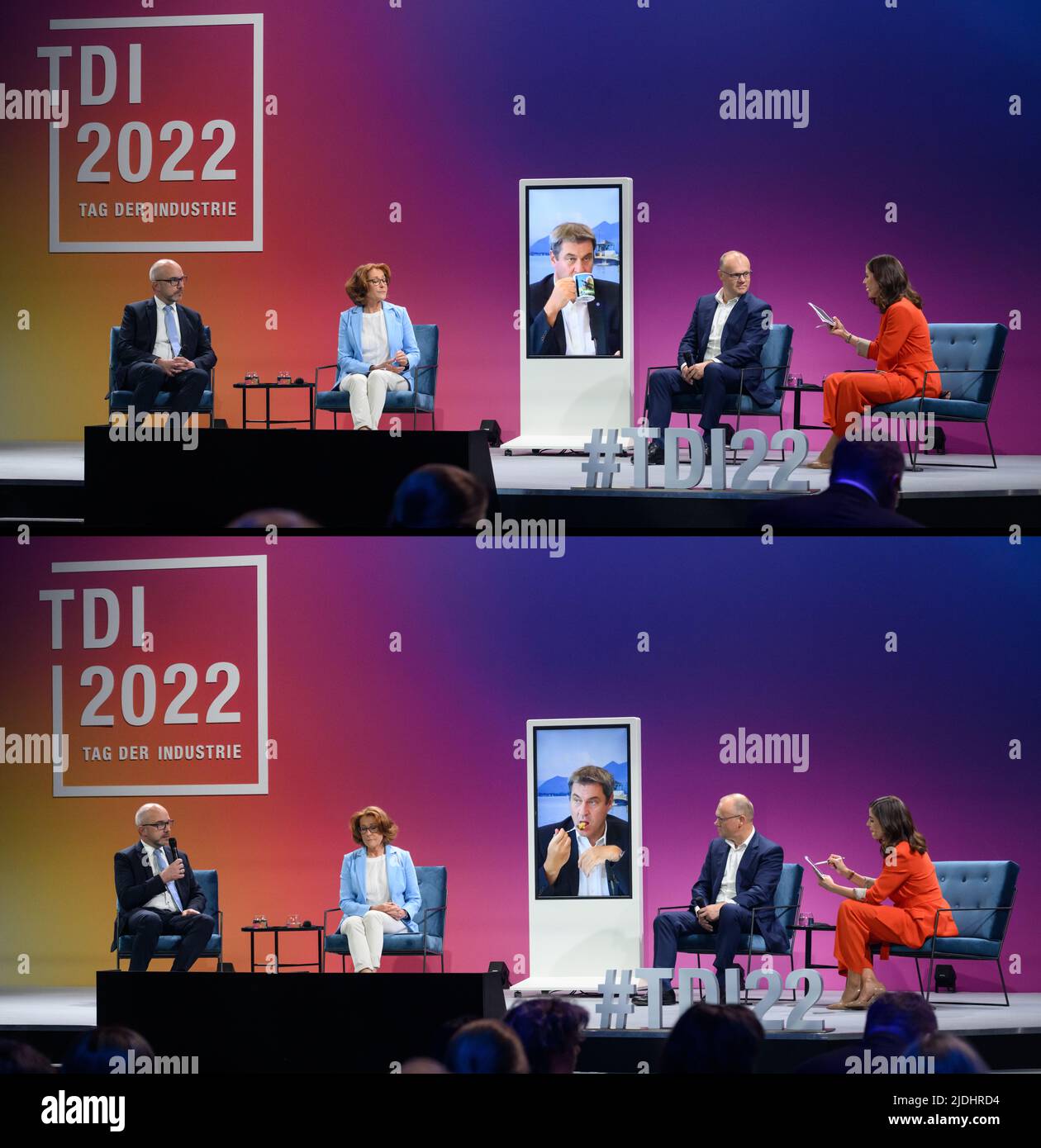 Berlin, Germany. 21st June, 2022. KOMBO - Markus Söder (M, CSU), Prime Minister of Bavaria, drinks and eats while participating - via video feed - in a panel discussion with Daniel Schmidt (l-r), CFO DIN, Sabine Herold, CEO DELO Industrie Klebstoffe, Robert Mayr, CEO DATEV, and moderator Eva-Maria Lemke at the 'TDI - Tag der Industrie' of the Federation of German Industries (BDI). Credit: Bernd von Jutrczenka/dpa/Alamy Live News Stock Photo
