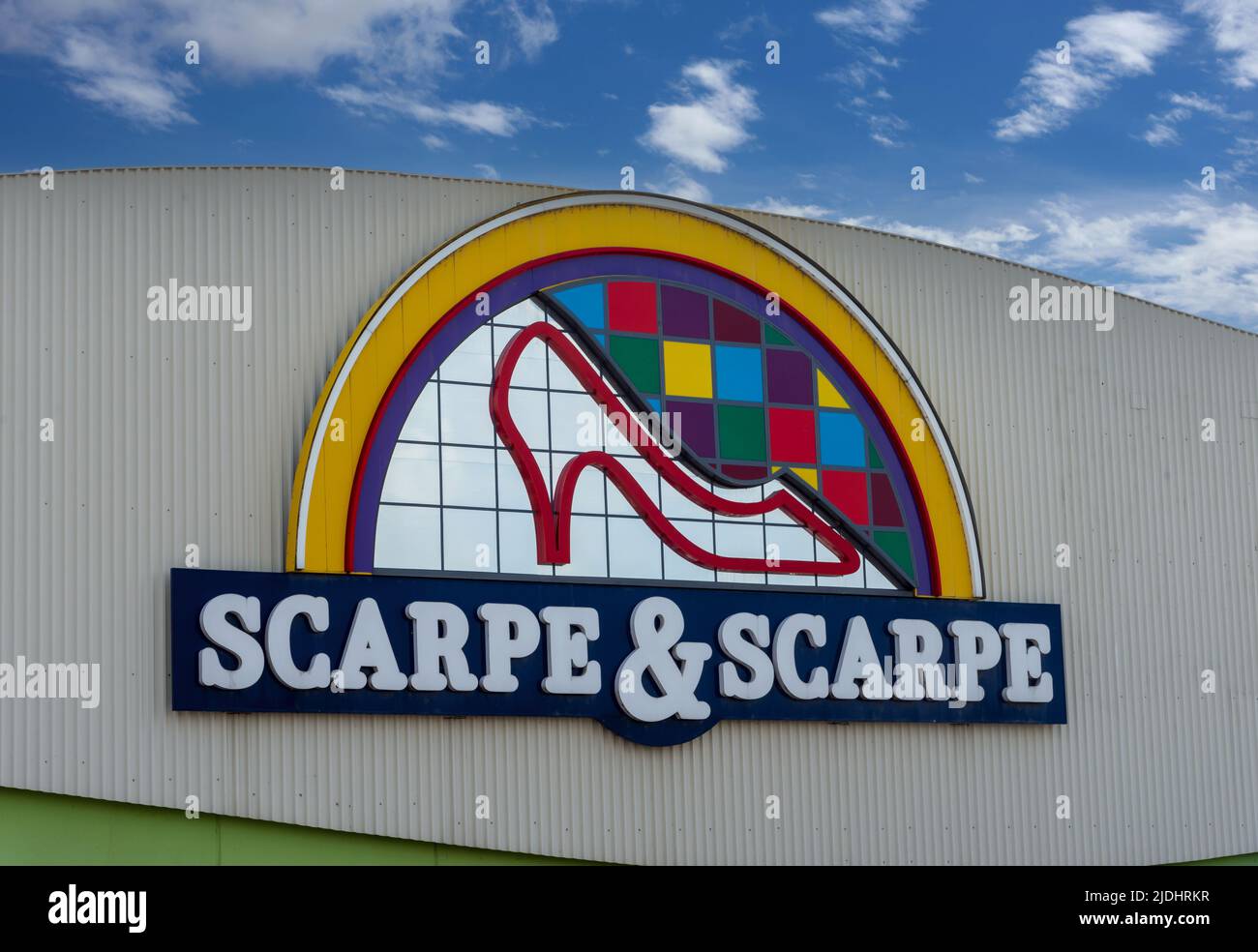 Cuneo, Italy - June 03, 2022: Sign of the Scarpe&Scarpe logo on the shop, Scarpe e Scarpe is Italian leading company in the large distribution shoes Stock Photo