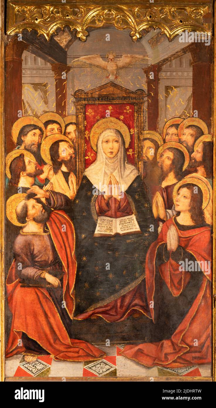 VALENCIA, SPAIN - FEBRUAR 14, 2022: The painting of Pentecost on the side altar  in the Cathedral  by Vicente Macip from end of 15. cent. Stock Photo