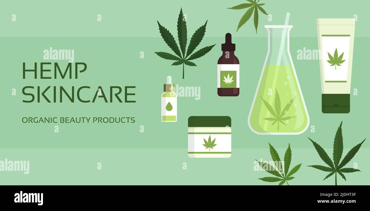 Hemp skincare products, hemp leaves and glass beaker, banner with copy space Stock Vector
