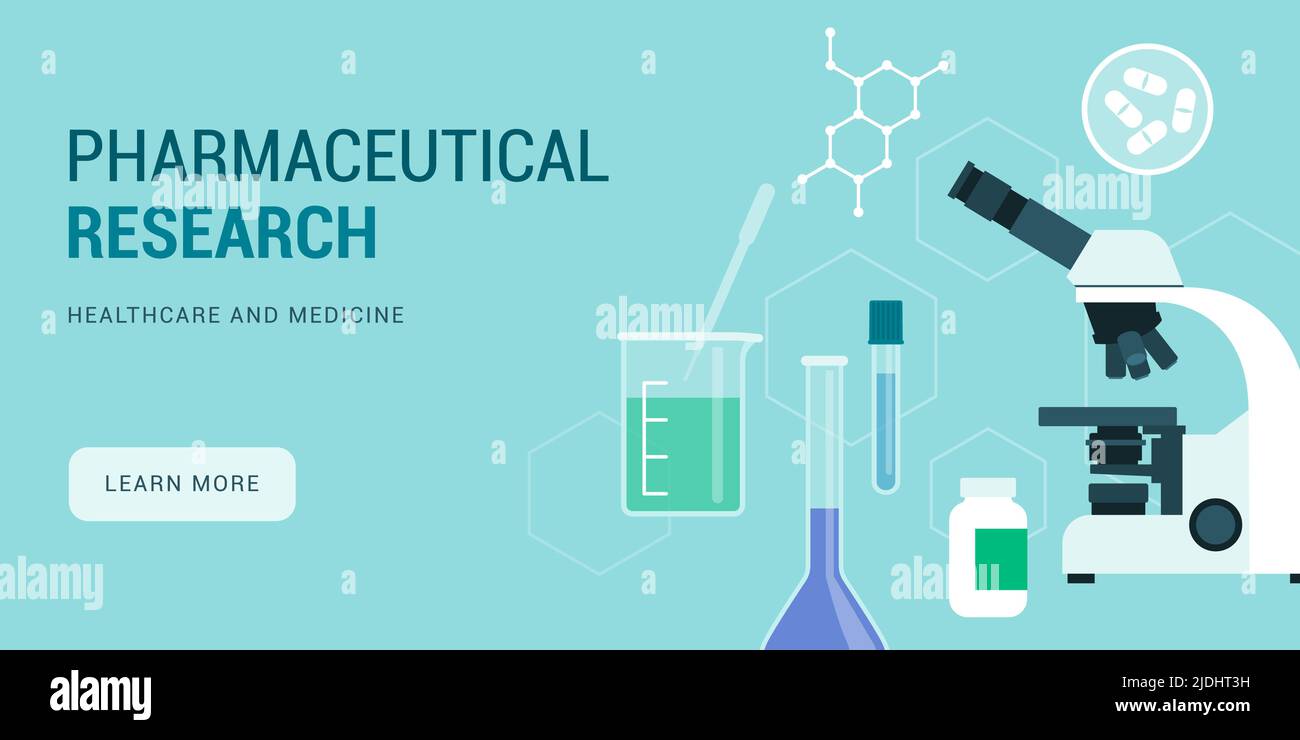 Pharmaceutical research, innovation and drug development banner with copy space Stock Vector