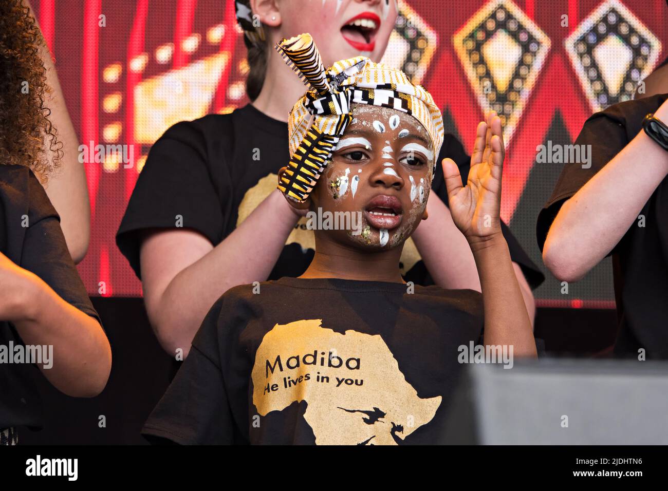 Staged Kaos community interest company (CIC) based in Liverpool 8 performing on stage at the 2022 Africa Oye Music Festival in Sefton Park Liverpool Stock Photo