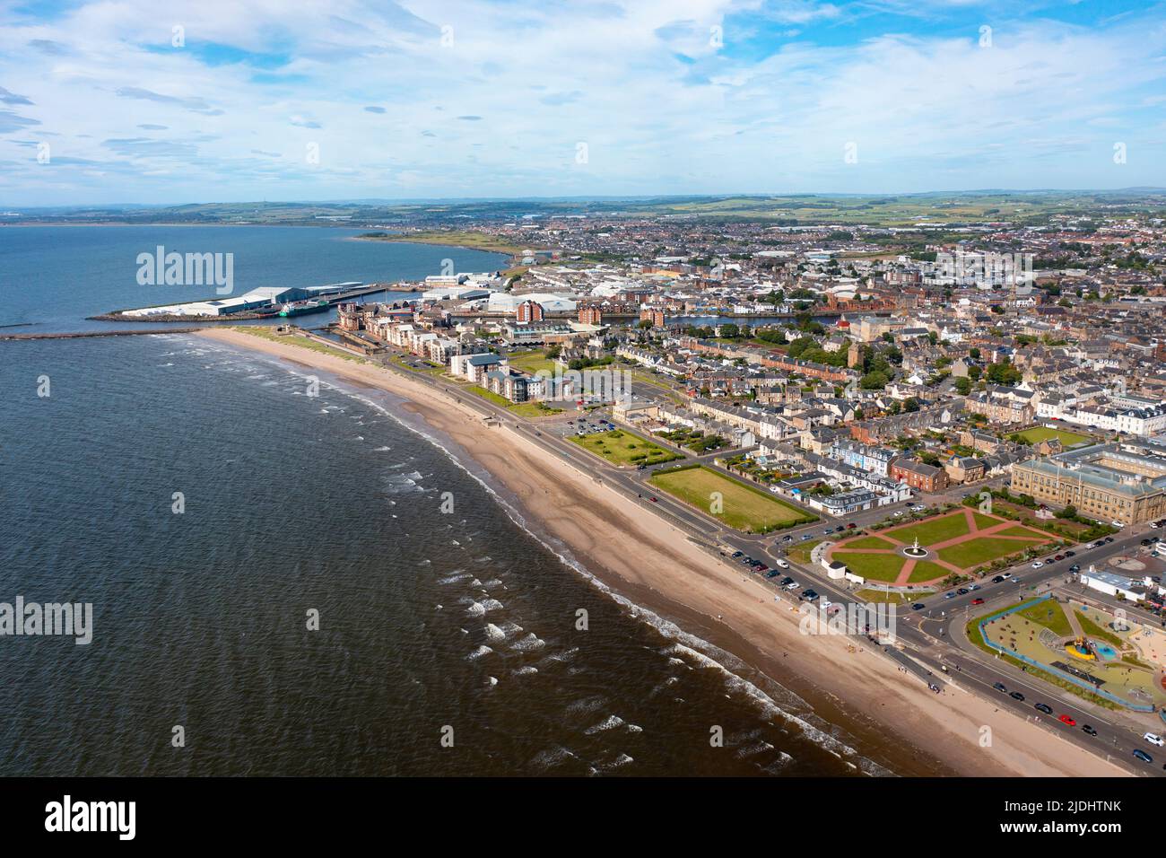 Aerial view from drone of town of Ayr on coast of Firth of Clyde in Ayrshire, Scotland, UK Stock Photo