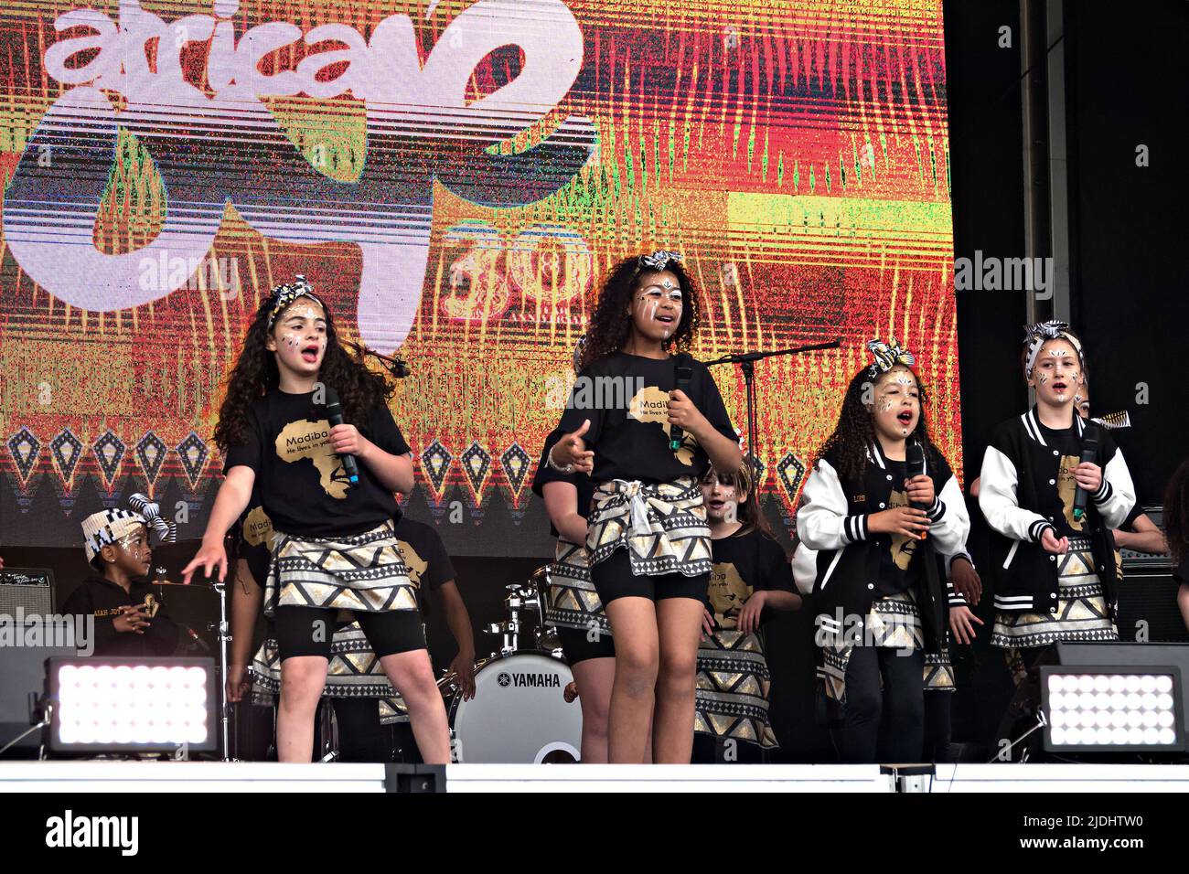Staged Kaos community interest company (CIC) based in Liverpool 8 performing on stage at the 2022 Africa Oye Music Festival in Sefton Park Liverpool Stock Photo