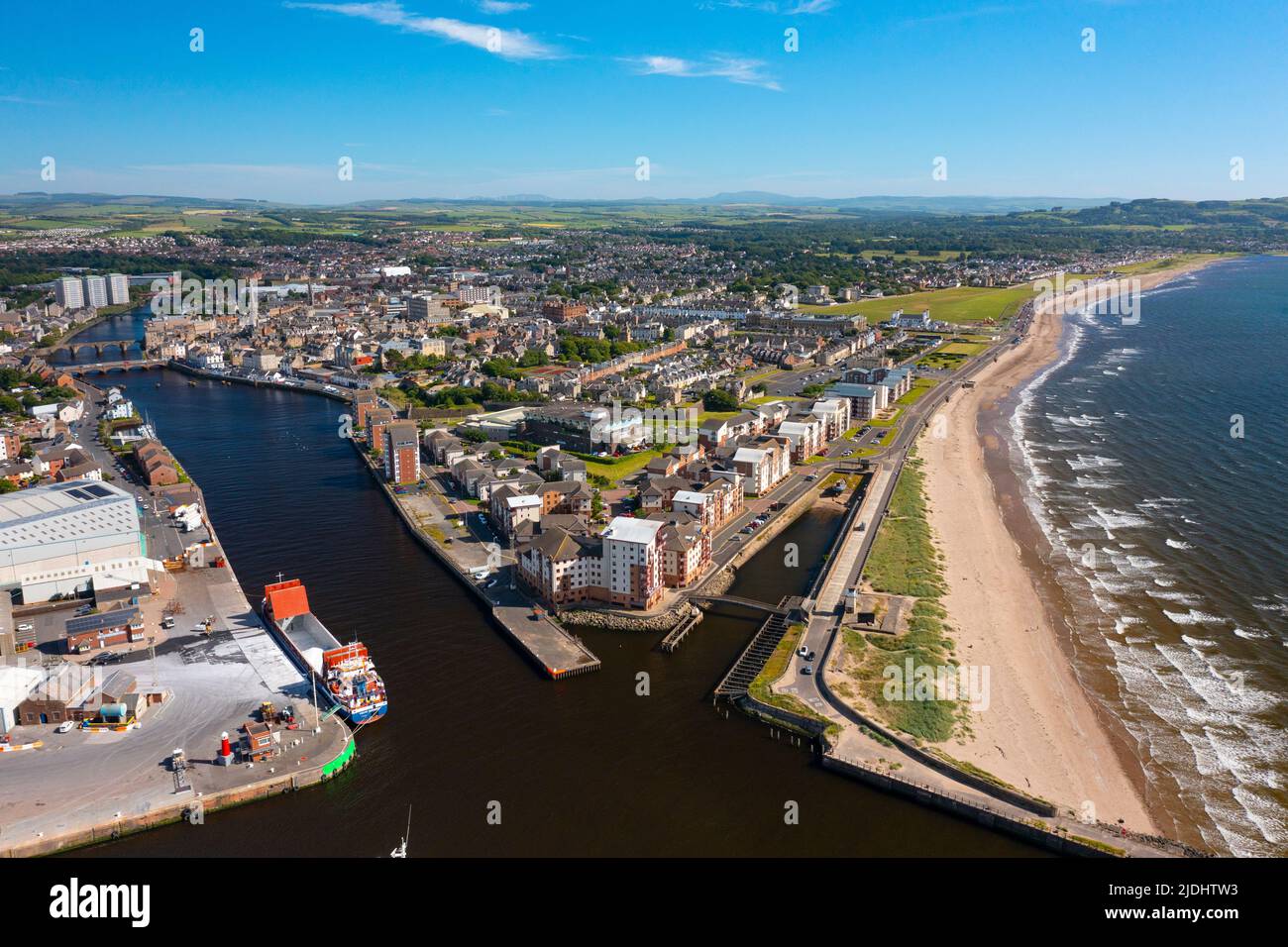 Aerial view from drone of town of Ayr on coast of Firth of Clyde in Ayrshire, Scotland, UK Stock Photo