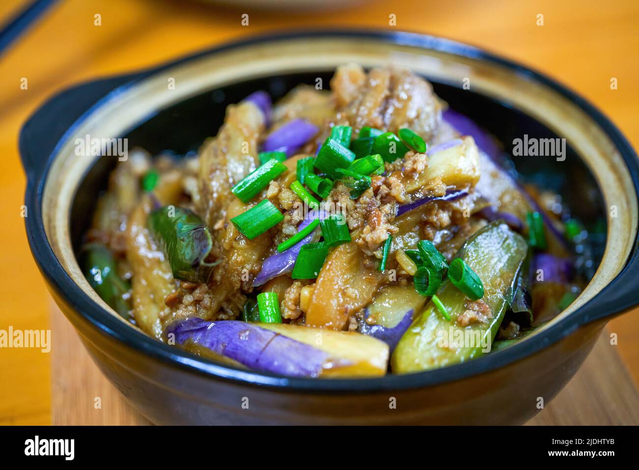 A delicious Chinese homecooked dish, salted fish and eggplant in clay