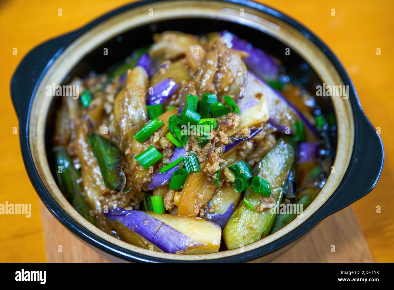 A delicious Chinese homecooked dish, salted fish and eggplant in clay
