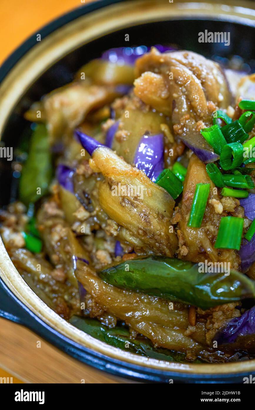 A delicious Chinese homecooked dish, salted fish and eggplant in clay