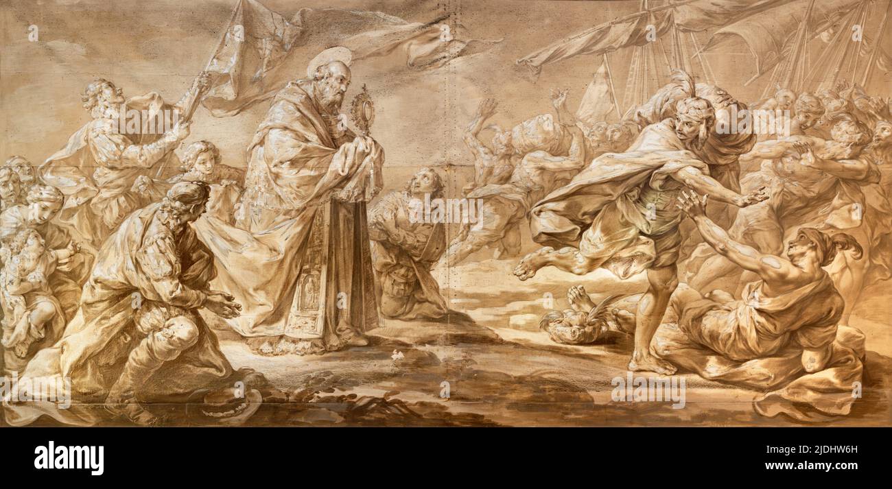 VALENCIA, SPAIN - FEBRUAR 14, 2022: The painting of expulsion of the Moors in  Capilla del Santo Caliz of Cathedral  by Vicente Lopez Portana Stock Photo