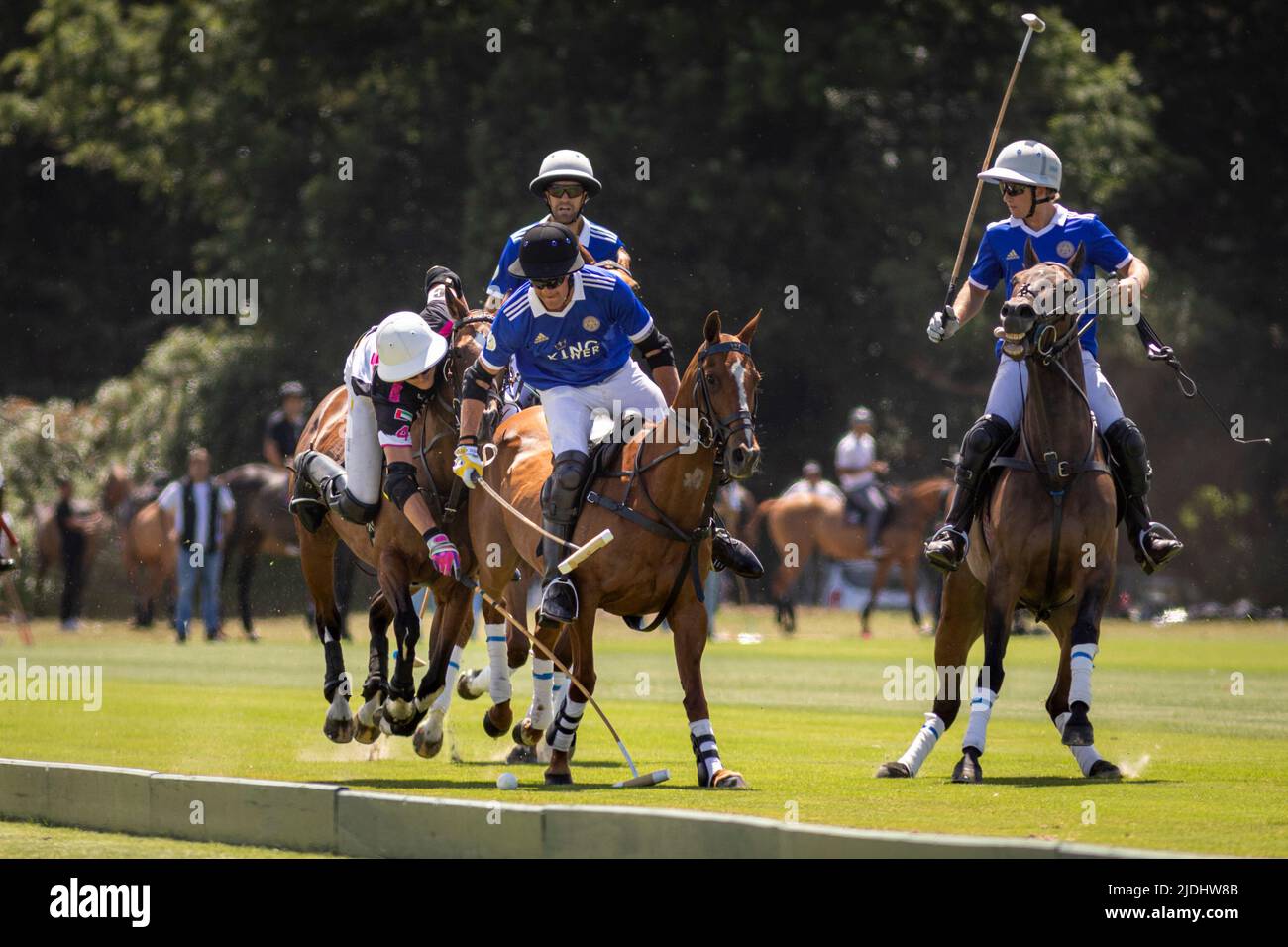 Tomas Beresford of UAE stretches for the ball towards  James Harper of King Power (in blue) at Cowdray Park Polo Club in Midhurst, West Sussex during Stock Photo