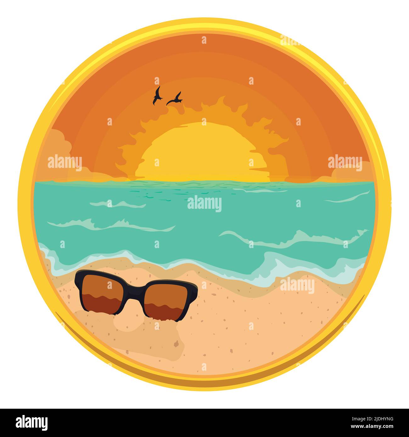 Golden frame and round button with beautiful sunset scene inside of it: setting sun, orange clouds, birds silhouettes and sunglasses buried in the san Stock Vector