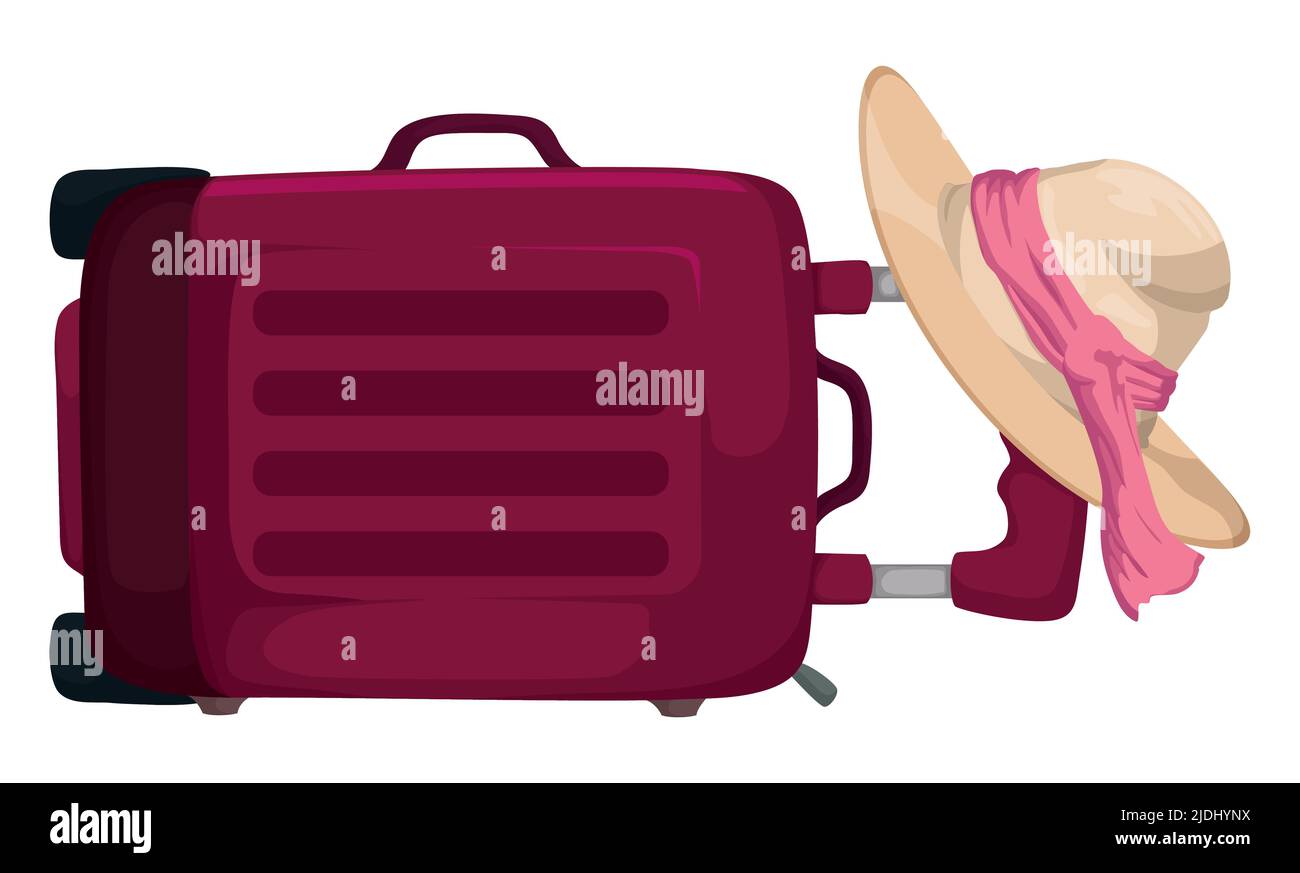 Fancy suit case laid down on the floor, with stylised woman's hat decorated with red fabric. Stock Vector