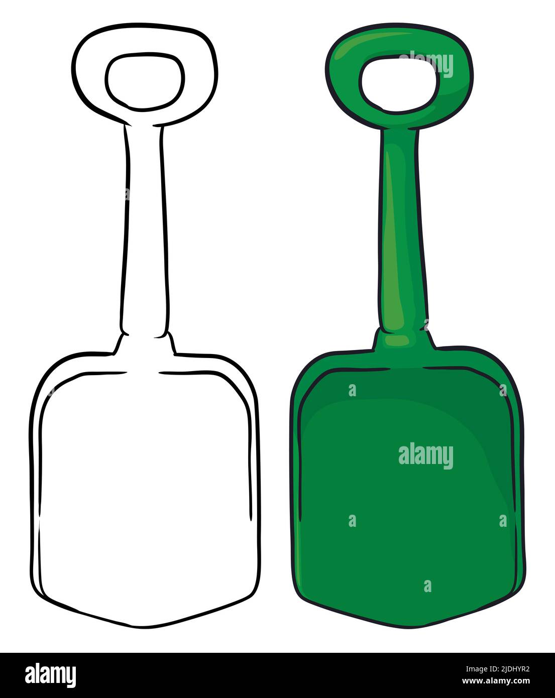 Set with shovels, one colorless in outlines ready to color it, and the other green colored in cartoon style. Stock Vector