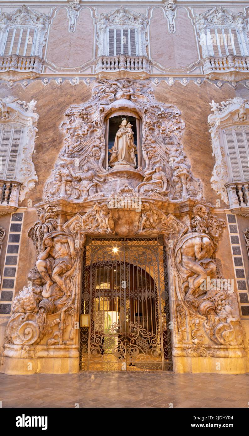 VALENCIA, SPAIN - FEBRUAR 14, 2022: The baroque facade of Palace - Palace of the Marques de Dos Aguas in alabaster by the Ignacio Vergara Gimeno Stock Photo