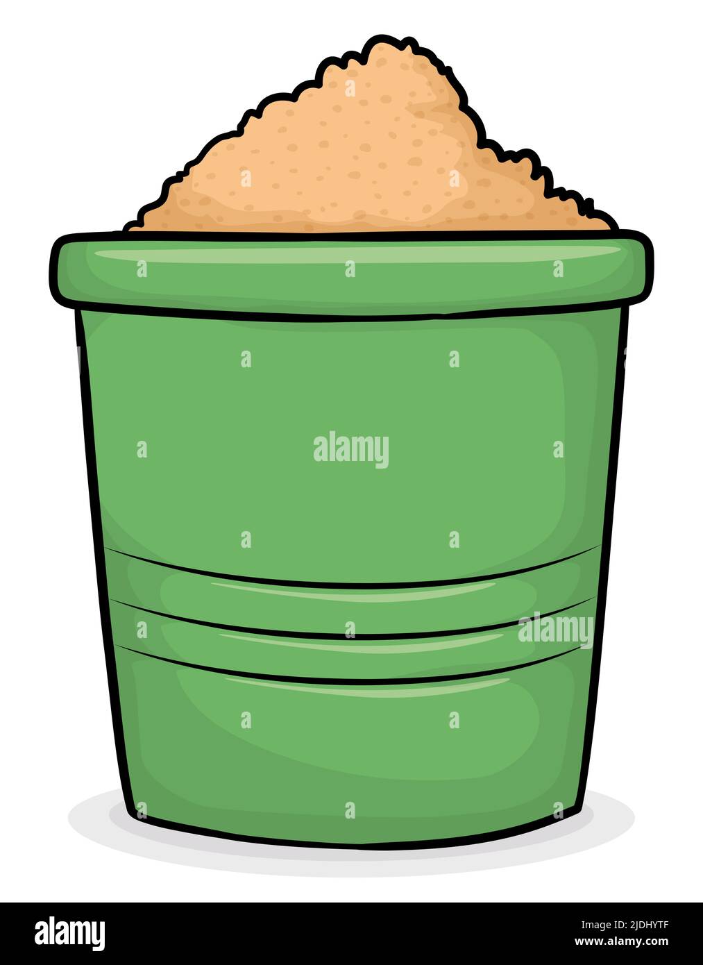 View of green bucket with sand, ready for sand castle crafting. Design
