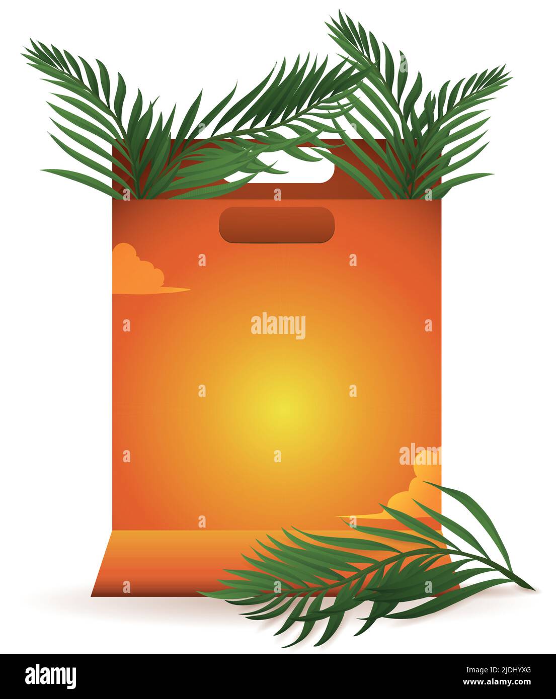 Beautiful shopping bag with orange sunset design and some palm leaves to decorate it. Stock Vector