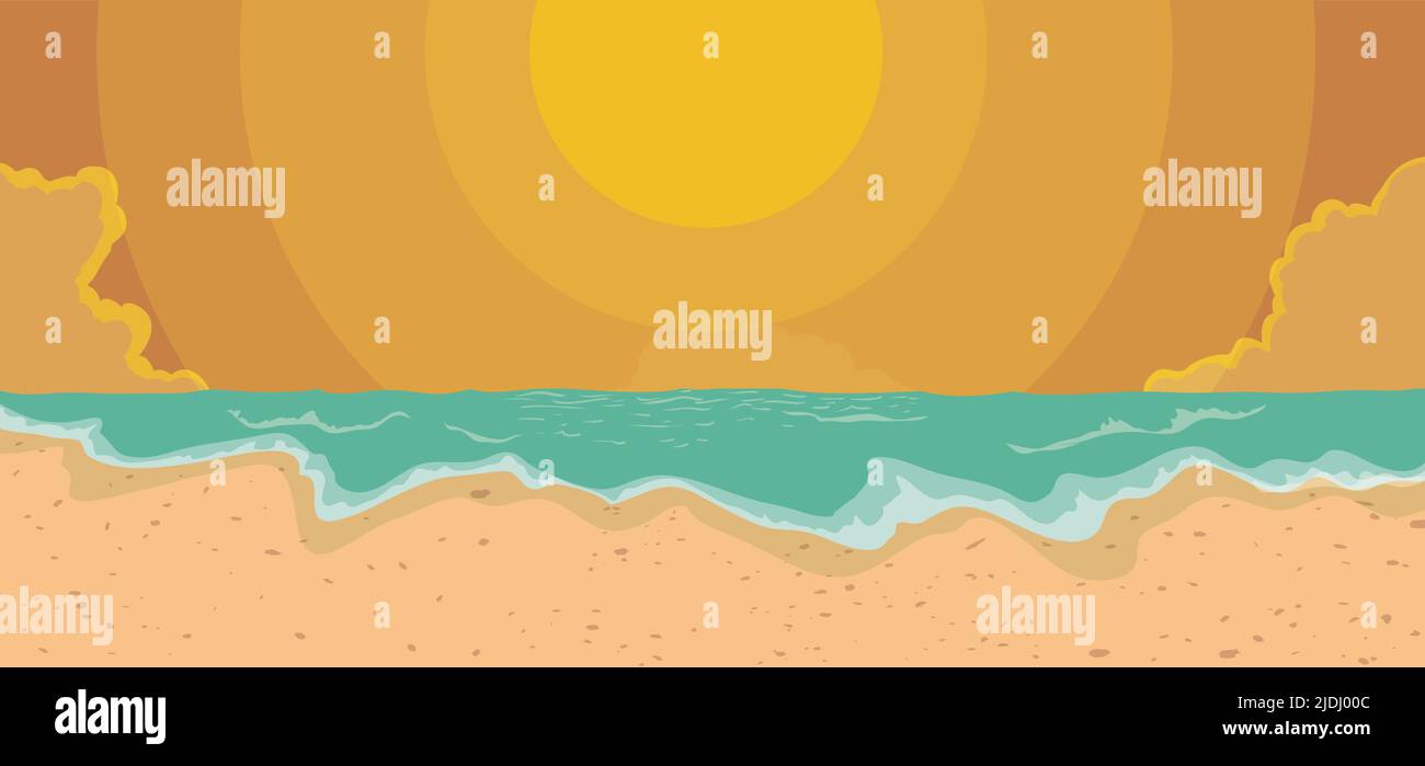 Banner with sunset view at the beach with ocean waves, orange sky with clouds and sand. Stock Vector