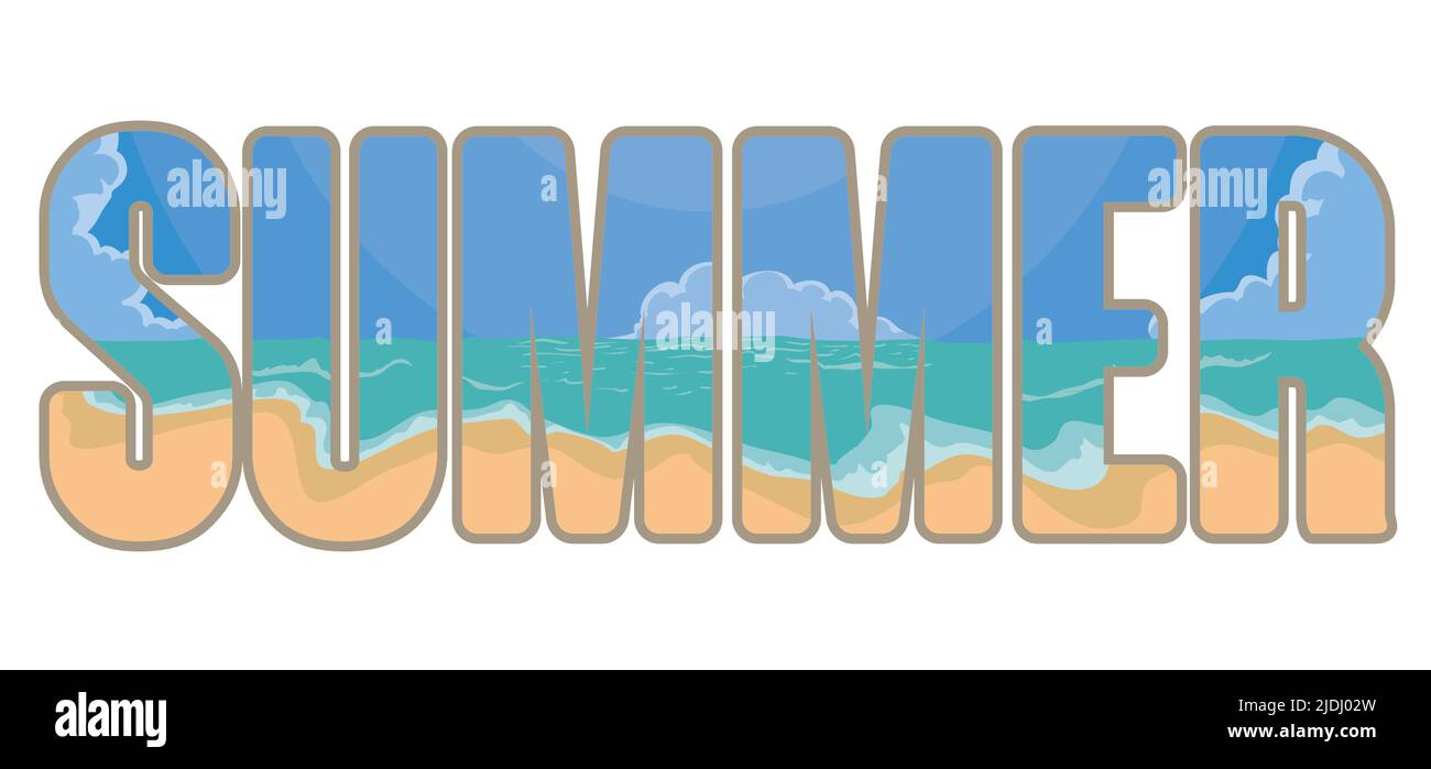 Seasonal sign with double exposure effect, announcing summer with letters showing a beautiful beach and seascape. Stock Vector