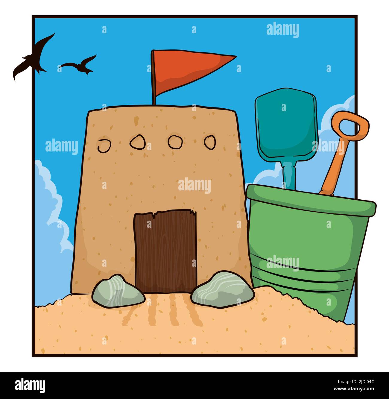 Scene with seasonal summertime view of sand castle, rocks, bucket