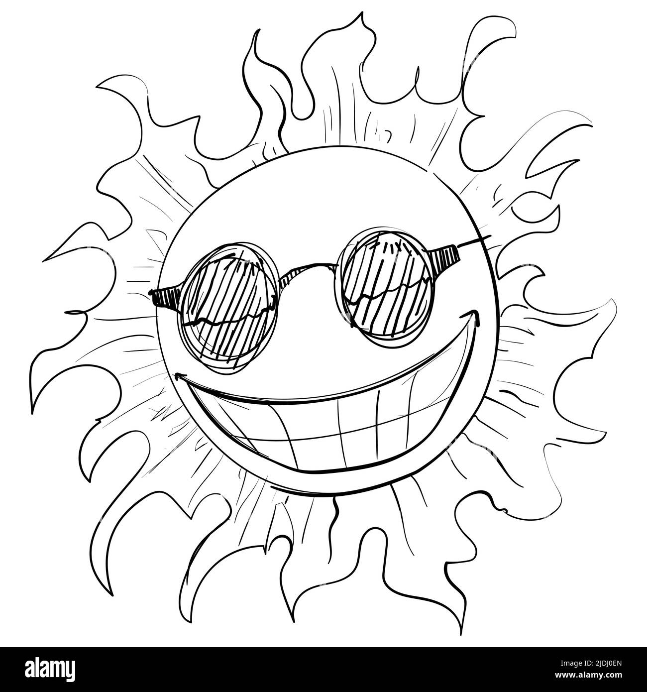 Funny sketch of scorching and smiling sun with cool gesture, wearing sunglasses. Stock Vector