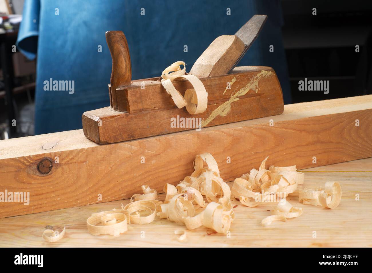 Carpenter tools on wood table background. Top view. Copy space Stock Photo